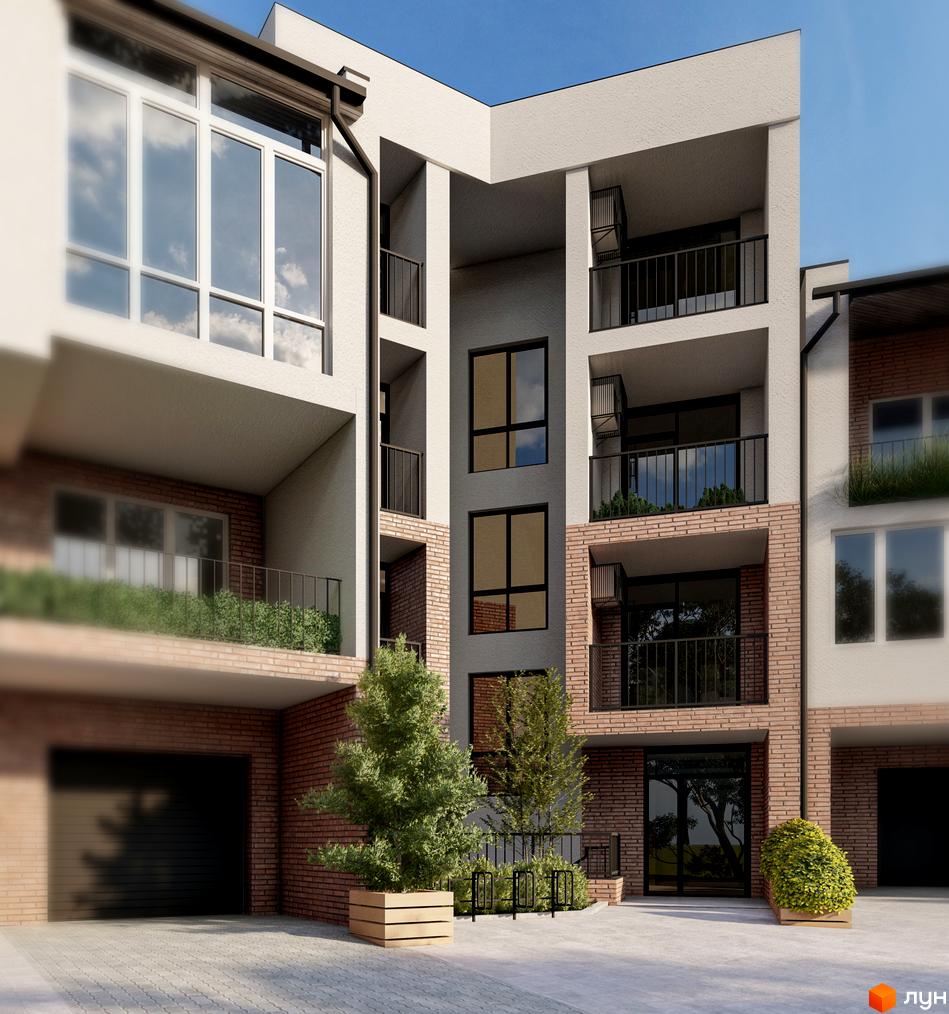 Зображення фасаду будинку на вулиці Лікарська, 12. На передньому плані дерева та доріжка з тротуарної плитки.