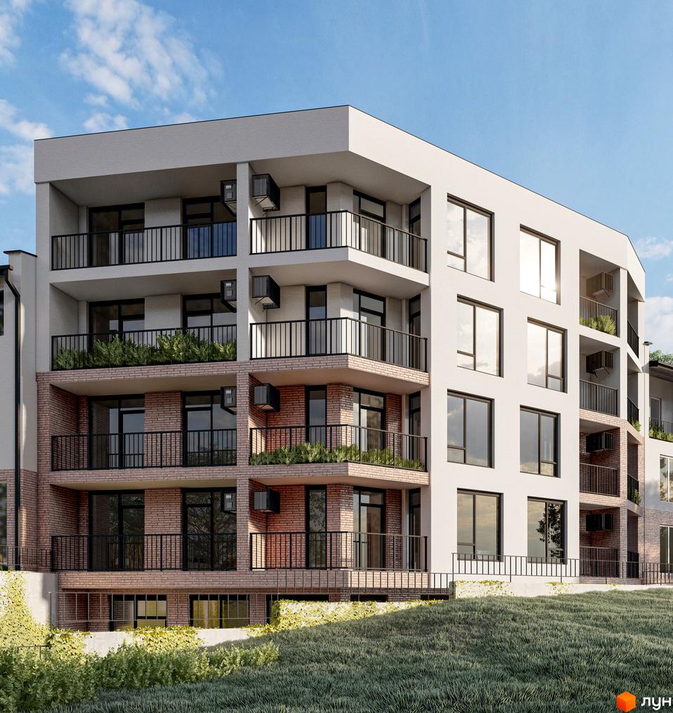 Зображення будинку на вулиці Лікарська, 12. Багатоповерхова будівля з балконами та великими вікнами, навколо зелений газон.