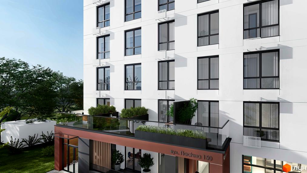 Новобудова ЖК SOLOWAY з великою терасою та озелененням. Фасад будинку білий з великими вікнами та кондиціонерами.