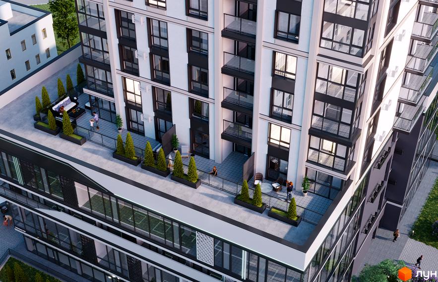 Житловий комплекс СОУРЕНЖ з просторими терасами та зонами відпочинку. Зовнішній вигляд будівлі з великими вікнами та балконами.