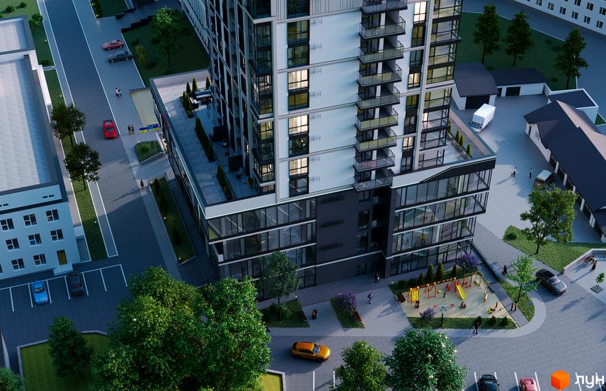 Зображення багатоповерхового будинку в Житловому комплексі SOVERENGE з облаштованою прибудинковою територією та дитячим майданчиком.