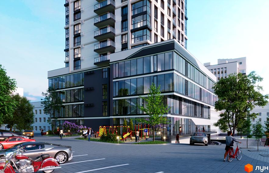 Зображення фасаду та прибудинкової території Житлового комплексу SOVEREIGN. Висотна будівля з великою кількістю вікон та балконів.