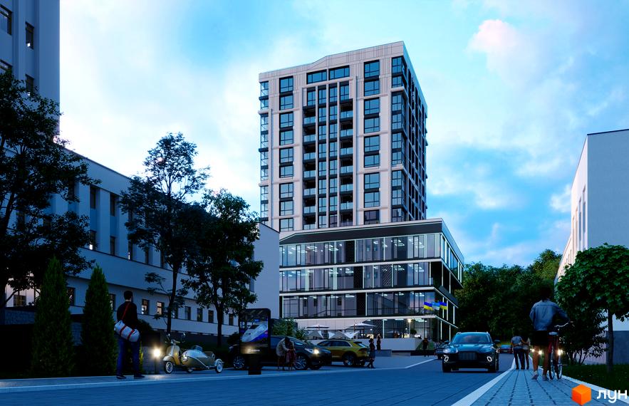 Зображення фасаду та прибудинкової території Будівельного проєкту SOURENGE. На передньому плані автомобілі та пішоходи.