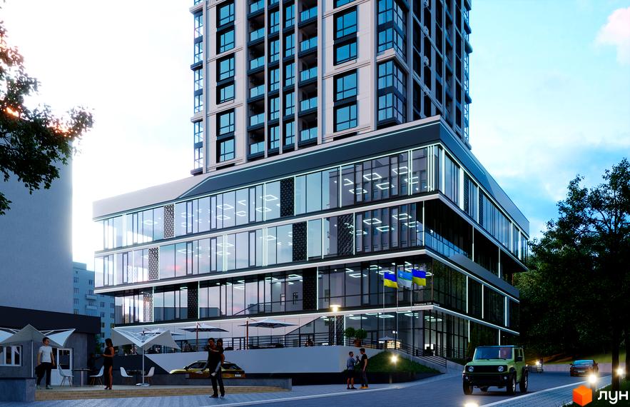 Зображення фасаду та прибудинкової території Житлового комплексу SOVERENGE. Висотна будівля з великими вікнами та офісними приміщеннями.