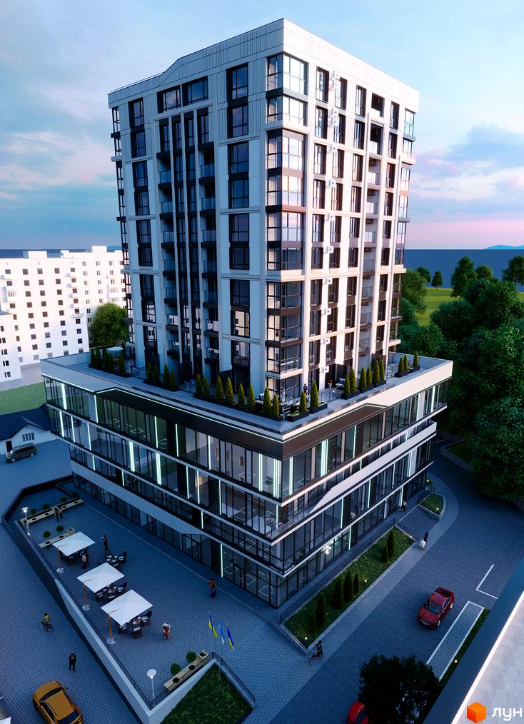 Зображення Житлового комплексу SOURENZH: багатоповерхова будівля з великими вікнами та терасою на даху. Навколо зелені насадження та парковка.