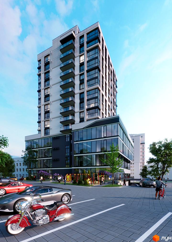 Житловий комплекс СОУРЕНЖ – це багатоповерхова будівля з балконами та великими вікнами, розташована біля парковки з автомобілями та дитячим майданчиком.