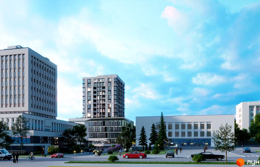 Зображення Житлового комплексу SOURENGE з багатоповерховими будинками та прилеглою територією з парковкою та зеленими насадженнями.