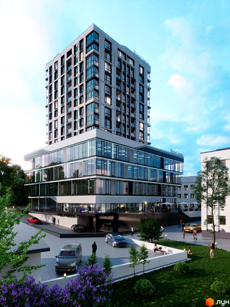 Зображення Житлового комплексу SOVEREIGN. Висотна будівля з панорамними вікнами та облаштована прибудинкова територія.