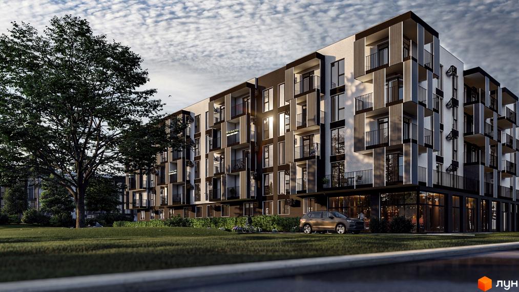 Новобудова CONTINENT LIFE з балконами та великими вікнами, розташована біля зеленої зони з деревами та автомобілем на парковці.