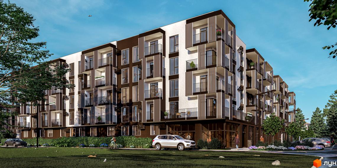 Зовнішній вигляд житлового комплексу CONTINENT LIFE з балконами та великими вікнами, зелена прибудинкова територія з деревами та автомобілями.