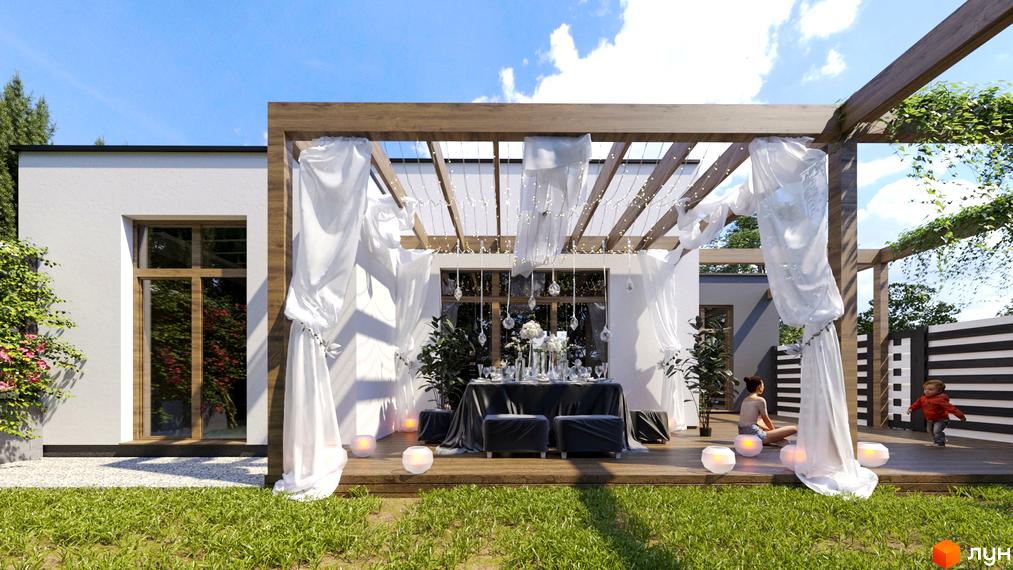 Таунхауси Друзі: зовнішній вигляд будинку з терасою, декорованою білими шторами та гірляндами, на тлі зеленого газону та блакитного неба.