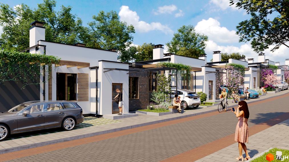 Таунхауси Друзі: фасади білих будинків з дерев'яними елементами та зеленими насадженнями, прибудинкова територія з доріжками та автомобілями.