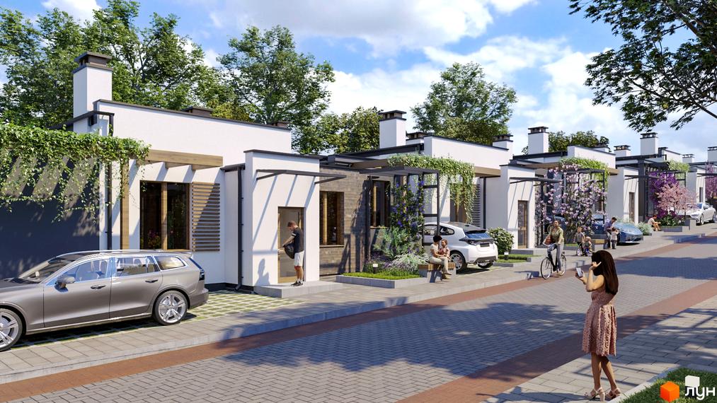 Таунхауси Друзі: білі фасади з дерев'яними елементами, зелені зони та доглянута прибудинкова територія з доріжками та автомобілями.