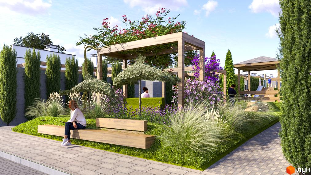 Зображення ландшафтного дизайну біля таунхаусів „Друзі“. На передньому плані дерев'яна лавка, зелені насадження та доріжка з плитки.