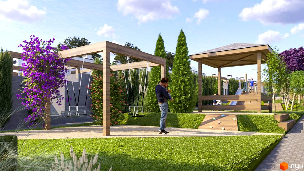 Таунхауси „Друзі“: дитячий майданчик з гойдалками, гіркою та скеледромом на тлі зеленої території та дерев.