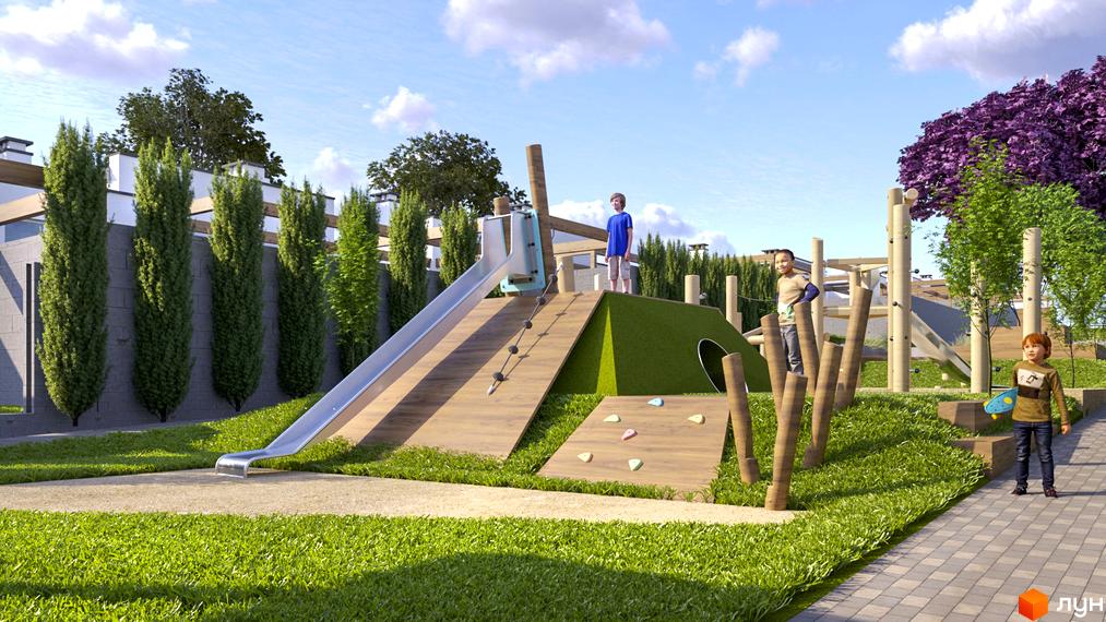 Зображення дитячого майданчика у Котеджному містечку „Друзі“. На майданчику гірка, скеледром та дерев'яні конструкції.