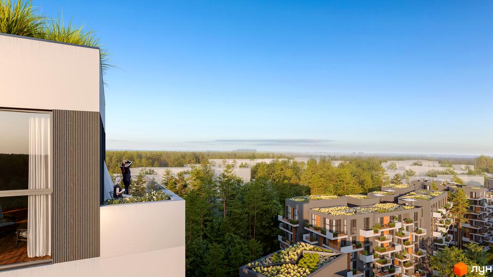 Житловий комплекс Gravity Park з зеленими дахами та терасами, на яких відпочивають люди. Навколо комплексу ліс та чисте небо.
