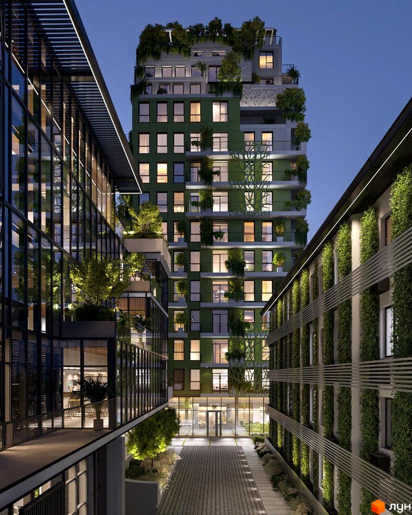 Зображення фасаду ЖК BORGO VERDE з зеленими насадженнями на балконах. Вхідна група з скляними дверима та бруківкою.