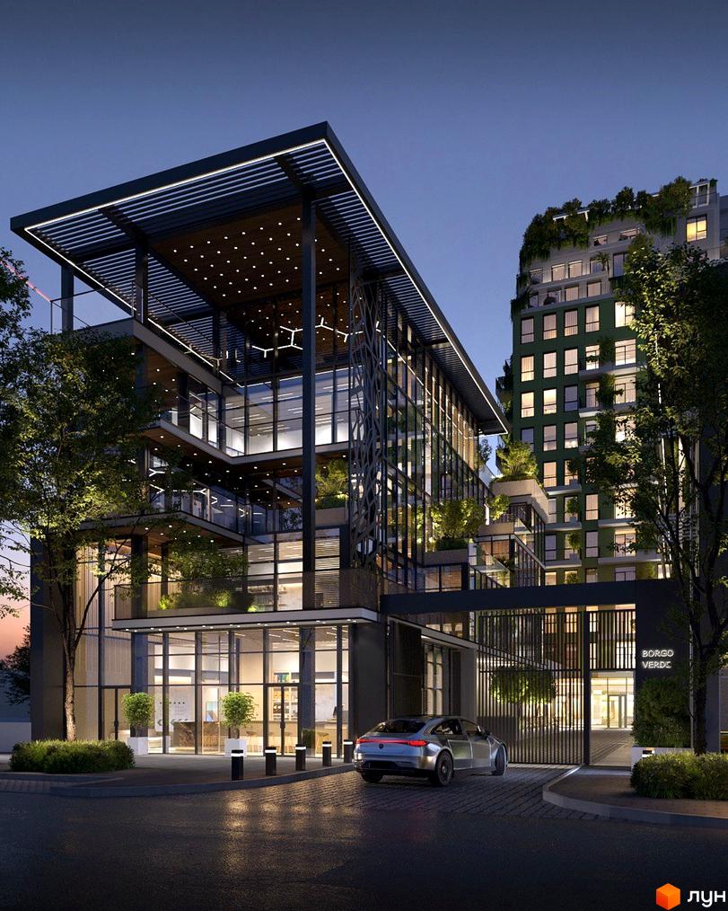 Житловий комплекс BORGO VERDE з великими вікнами та терасами, вхідна група з рослинами та автомобілем. На території є освітлення та зелені насадження.