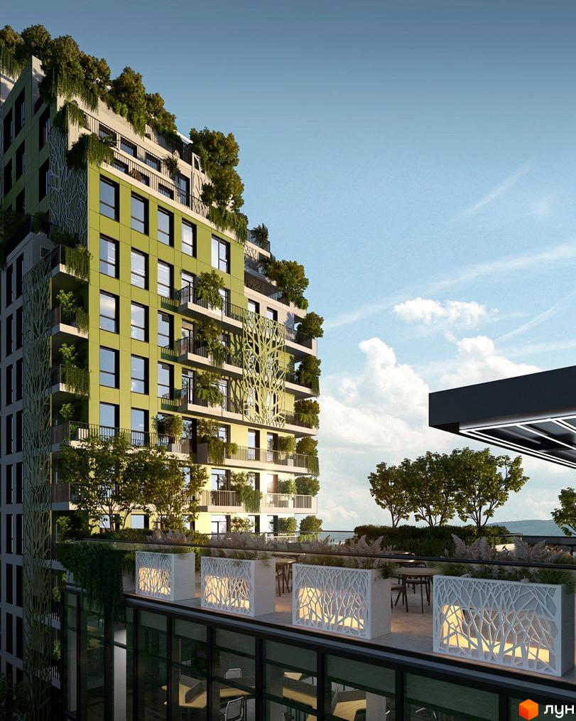 Житловий комплекс BORGO VERDE з зеленими фасадами та терасами. На території комплексу розташовані зони відпочинку з декоративними елементами та озелененням.