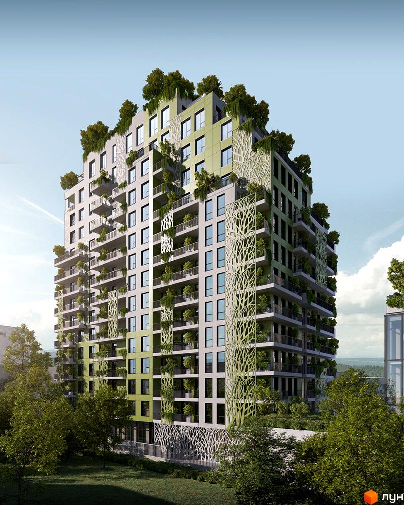 Висотна будівля житлового комплексу BORGO VERDE з зеленими терасами та рослинами на фасаді. Навколо будинку зелені дерева та газон.