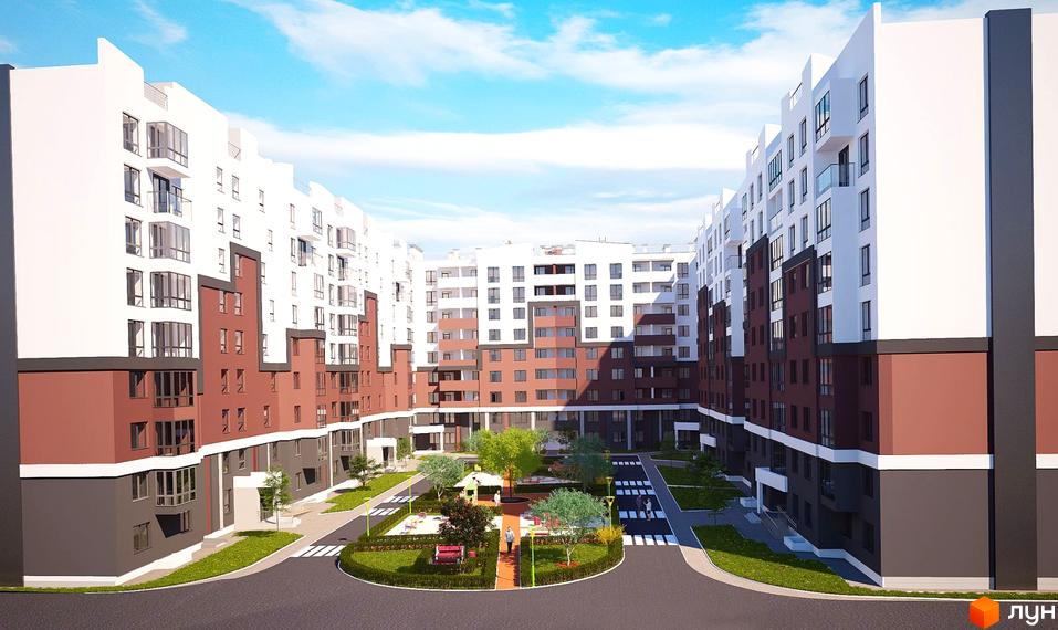 Зовнішній вигляд житлового комплексу Олімп з коричневими та білими фасадами, внутрішнім двором з дитячим майданчиком та зеленими насадженнями.