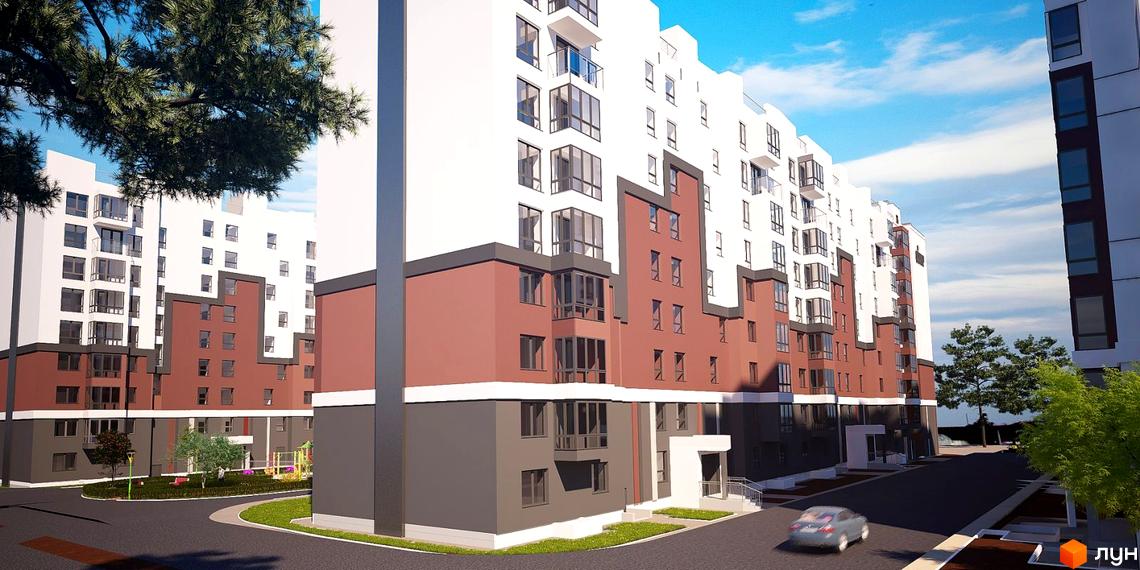 Зовнішній вигляд житлового комплексу Олімп з біло-коричневими фасадами та великою кількістю вікон. На прибудинковій території розташовані дерева та дитячий майданчик.