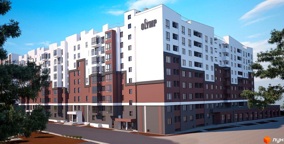 Новобудова ЖК Олімп з біло-коричневим фасадом та скляними балконами. Навколо будівлі розташована прибудинкова територія з деревами та дорогою.