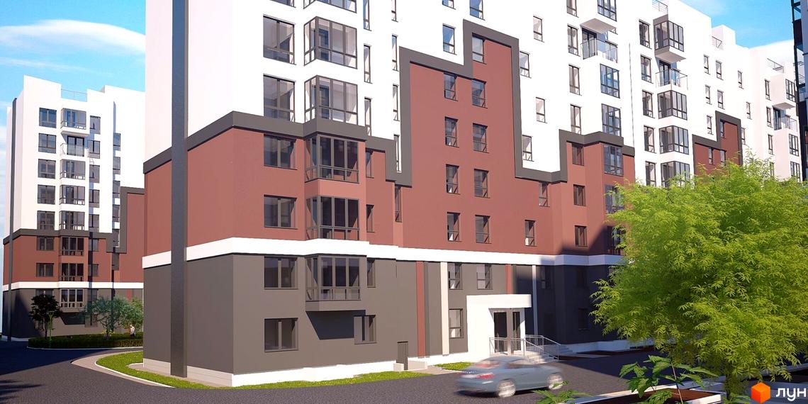 Зовнішній вигляд новобудови ЖК Олімп з червоними та білими фасадами, скляними балконами та прибудинковою територією з деревами та дорогою. Опис житлового комплексу Олімп.