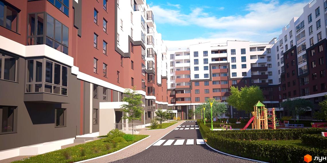 Житловий комплекс Олімп. Зовнішній вигляд будівель з червоно-білим фасадом та прибудинкова територія з дитячим майданчиком та зеленими насадженнями.