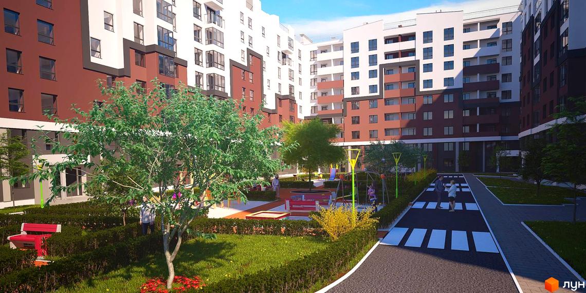 Житловий комплекс Олімп: фасади будівель з червоно-білими елементами та прибудинкова територія з дитячим майданчиком та зонами відпочинку.