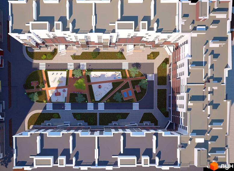 Житловий комплекс Олімп - вид зверху на будівлі з цегляним фасадом та прибудинкову територію з дитячими майданчиками та зонами відпочинку.