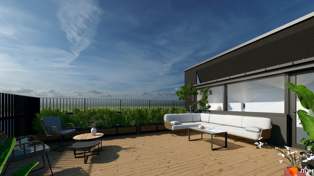 Відкритий простір з диванною групою та зеленою огорожею на терасі житлового комплексу SOLOWAY. Сучасний дизайн фасаду будівлі з великими вікнами.