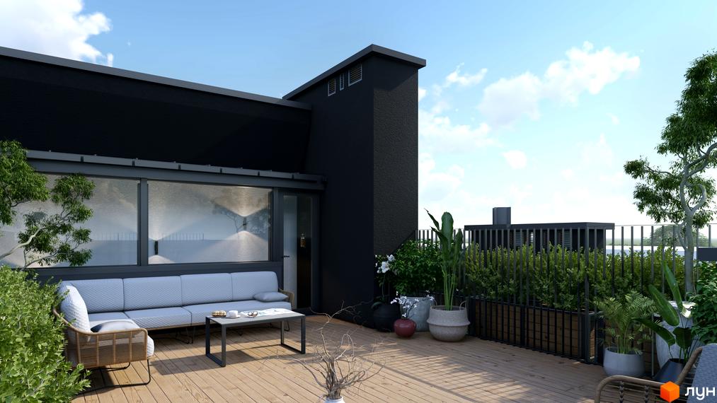 Просторий балкон з диваном та кріслом у ЖК SOLOWAY. Зелені рослини та дерев'яний настил створюють затишну атмосферу на терасі.