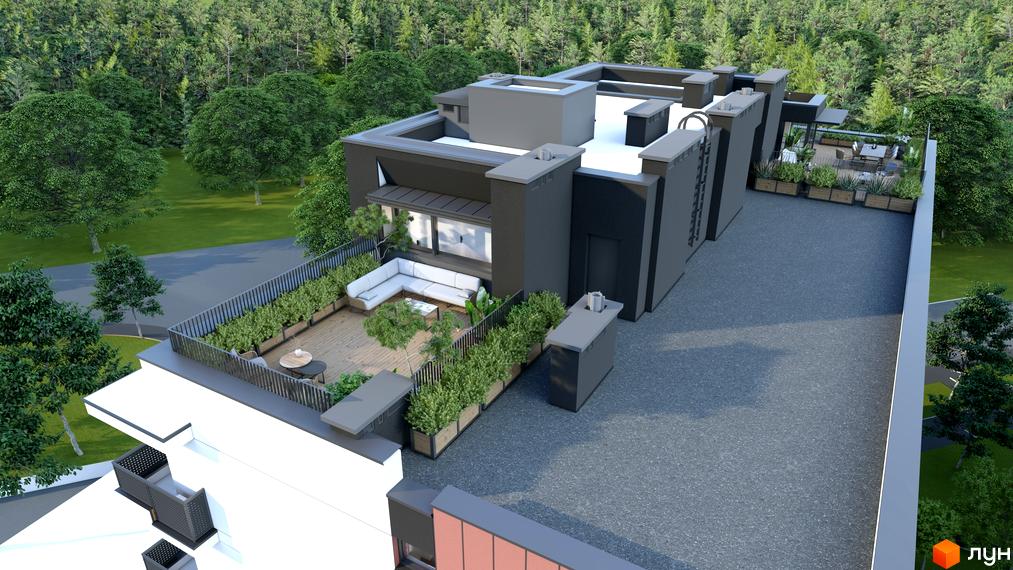 Зображення Житлового комплексу SOLOWAY з терасою на даху. Навколо будинку зелені насадження та дерева.