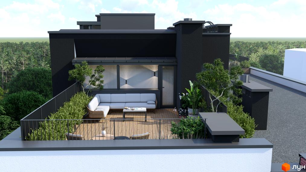 Зображення тераси на даху Будівельного проєкту SOLOWAY з м'якими меблями та рослинами. Вид на зелені дерева навколо.
