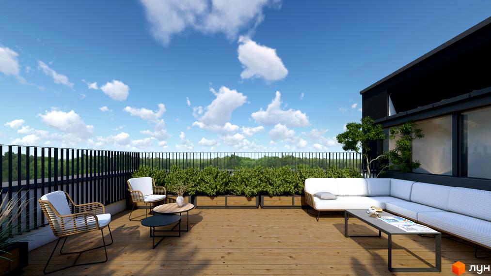 Тераса житлового комплексу SOLOWAY з диванною групою та кріслами на тлі хмарного неба та зелені. Зовнішній вигляд новобудови з великими вікнами.