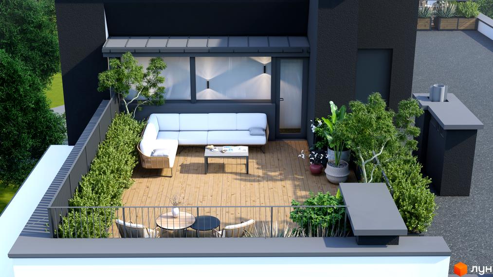 Зображення тераси на даху в Житловому комплексі SOLOWAY з м'якими меблями, столиком та зеленими насадженнями. Вид з висоти пташиного польоту.