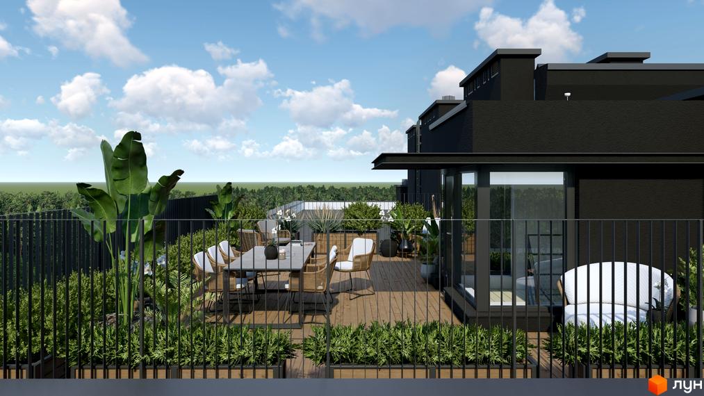 Зображення тераси на даху Будівельного проєкту SOLOWAY з меблями та рослинами. Вид на навколишню зелень і блакитне небо.