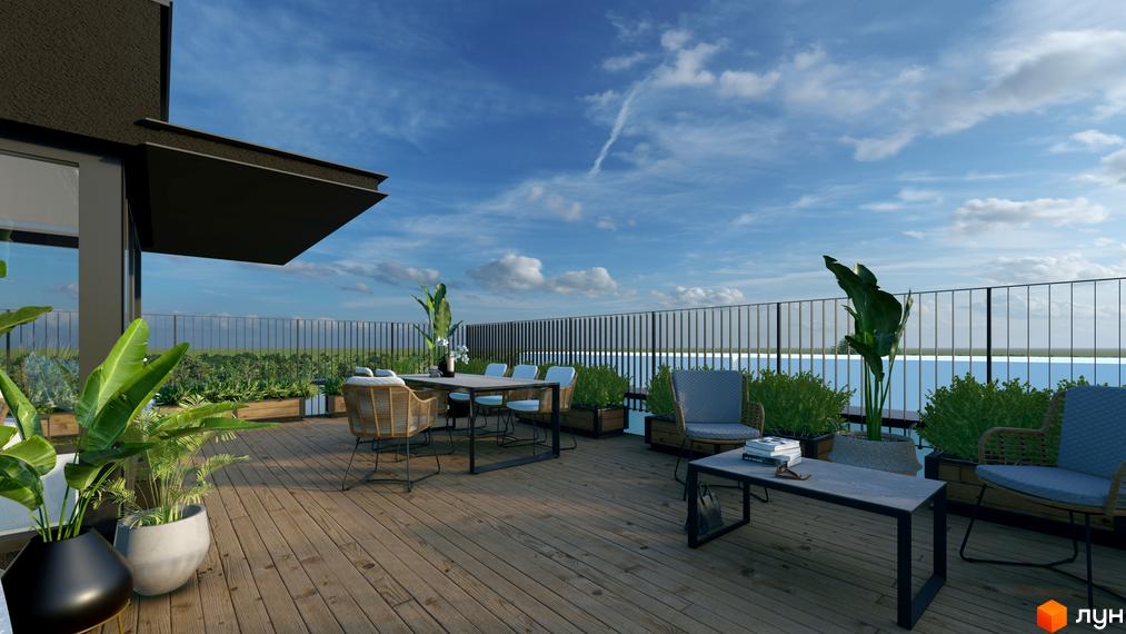 Тераса з плетеними меблями та рослинами у великих горщиках. Житловий комплекс SOLOWAY з видом на басейн та зелені насадження.