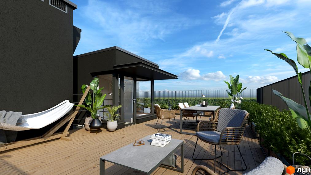 Тераса житлового комплексу SOLOWAY з гамаком, столом та кріслами на тлі блакитного неба та зелені. Відкритий простір для відпочинку на свіжому повітрі.