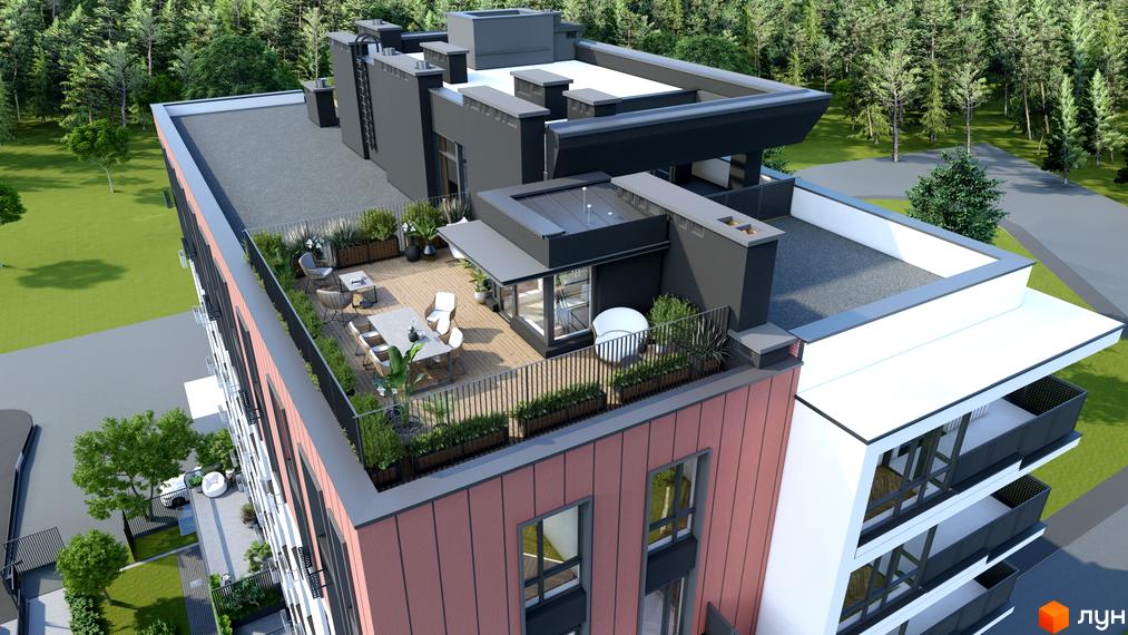 Зображення будинку з терасою на даху Житлового комплексу SOLOWAY. Навколо зелені насадження та дерева.