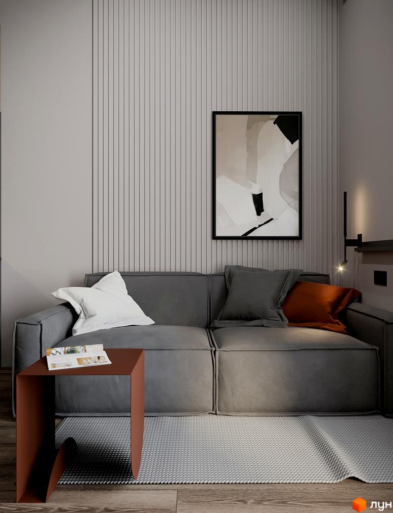 Вітальня з сірим диваном, журнальним столиком та картиною на стіні в ЖК SOLOWAY. Сучасний дизайн інтер'єру з акцентом на комфорт та функціональність.
