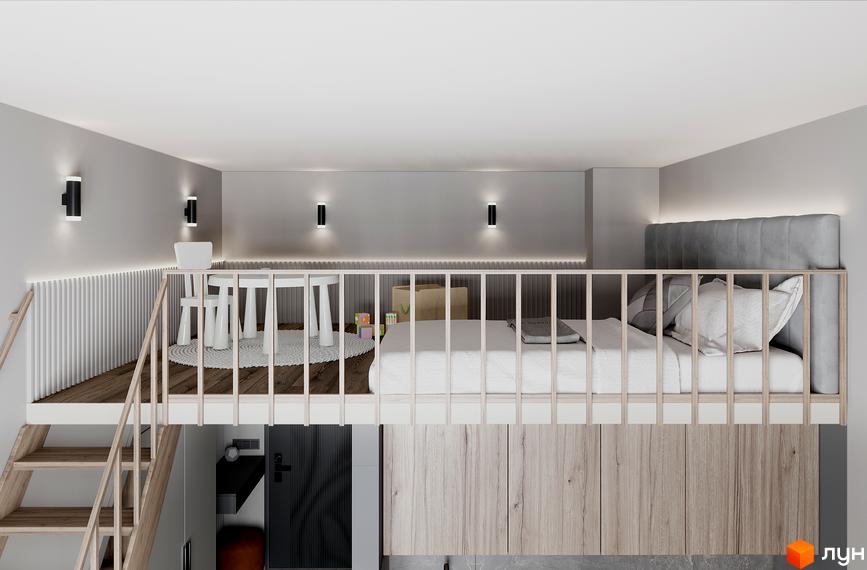Інтер'єр дитячої кімнати з ліжком на другому поверсі. Нагорі розташовані ігрова зона та спальне місце з білою постіллю.
