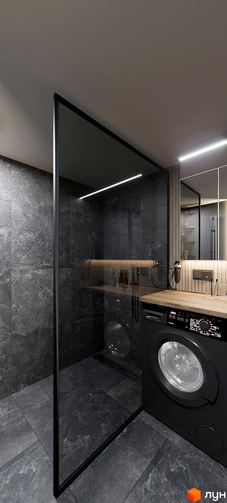 Сучасна ванна кімната з душовою кабіною та пральною машиною в ЖК SOLOWAY. Інтер'єр виконаний у темних тонах з мармуровим оздобленням.