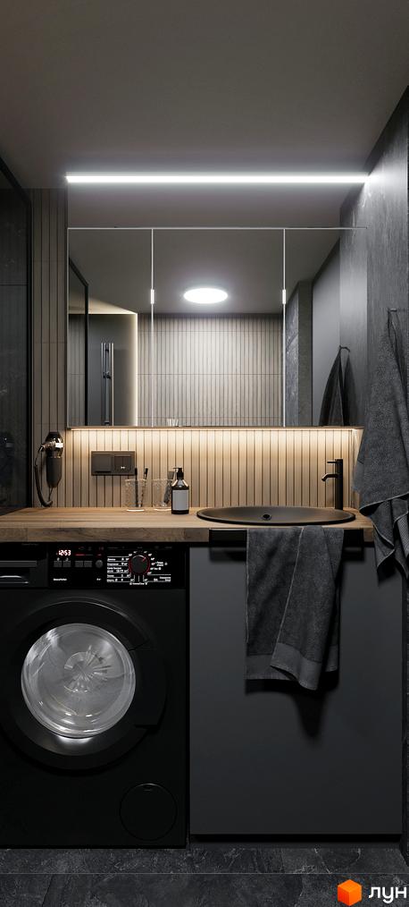Інтер'єр ванної кімнати в Житловому комплексі SOLOWAY з пральною машиною та дзеркалом з підсвіткою. Сучасний дизайн та зручне планування.