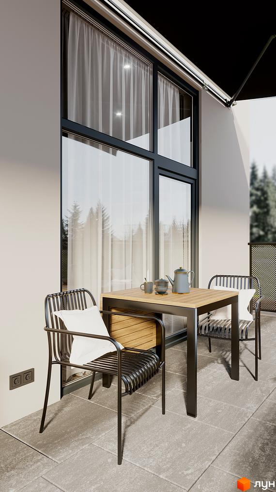 Зображення тераси з меблями в Житловому комплексі SOLOWAY. Вигляд на вікно з білими шторами та зелені дерева за ним.