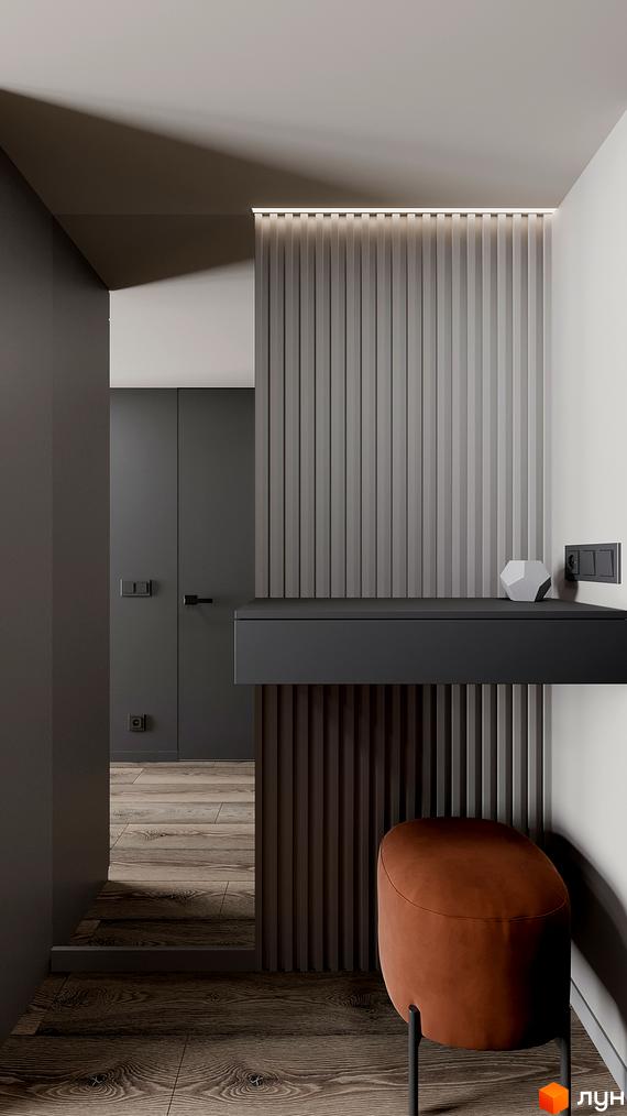 Інтер'єр передпокою в ЖК SOLOWAY з дерев'яною підлогою, м'яким пуфом та декоративною стіною з вертикальними панелями.