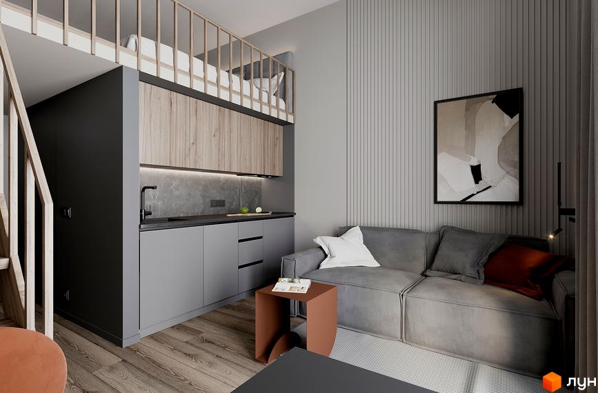 Інтер'єр квартири в новобудові ЖК SOLOWAY з кухнею, диваном та спальним місцем на другому рівні. Сучасний дизайн та функціональне планування.