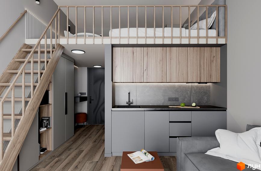 Інтер'єр квартири в Житловому комплексі SOLOWAY з дерев'яними сходами на другий поверх та кухонною зоною.